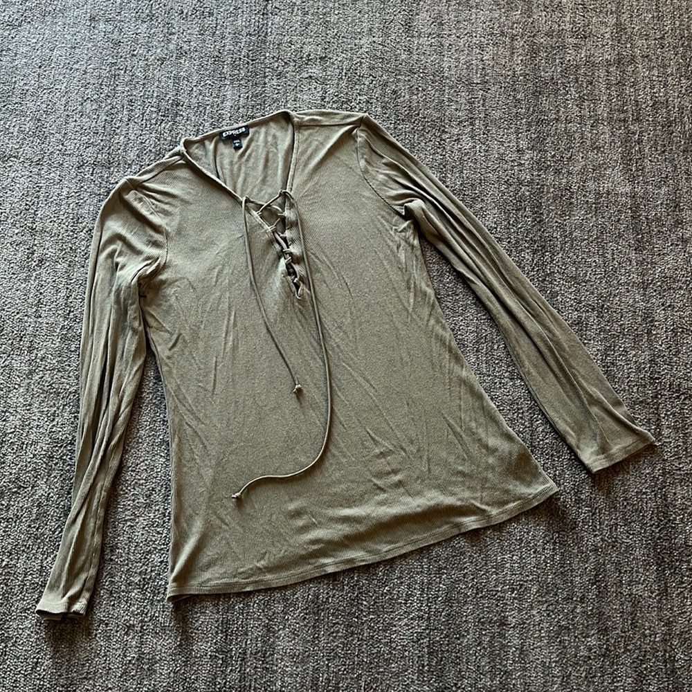 Express olive green ribbed lace up top - Size L